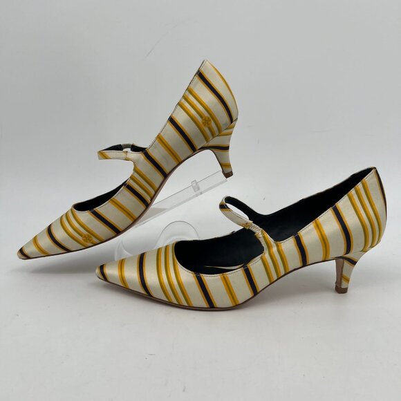 Tory Burch Cream Yellow Striped Beverly Kitten Heels | Size 10.5 - Picture 6 of 11